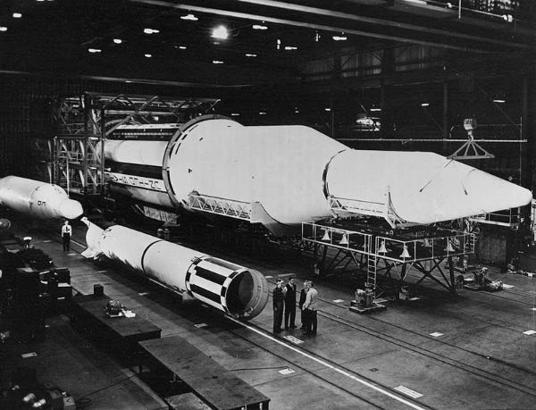 Saturn I alongside boosters, Redstone and Jupiter, from which tank sections were used in its first stage (Credit: NASA) Saturn I alongside boosters, Redstone and Jupiter, from which tank sections were used in its first stage (Credit: NASA)