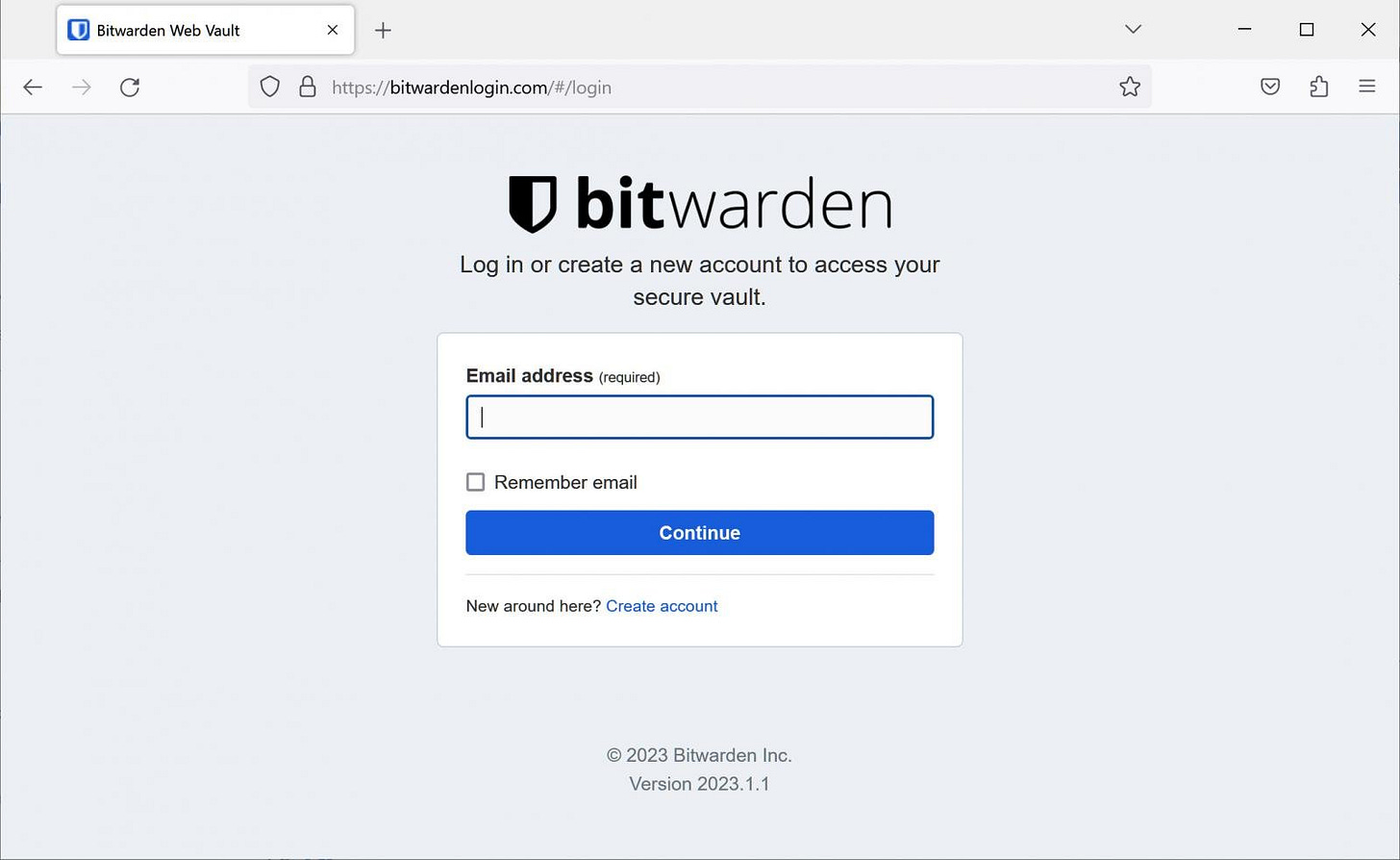 Bitwarden phishing page