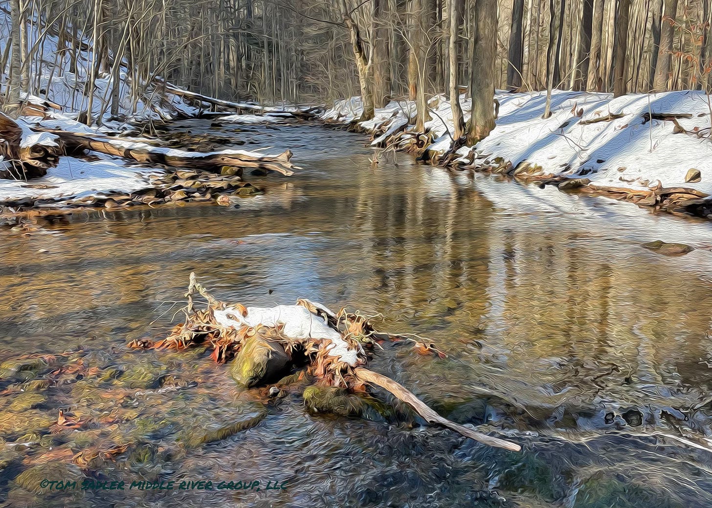 A rendering of a mountain stream with snow on the banks and in the woods.