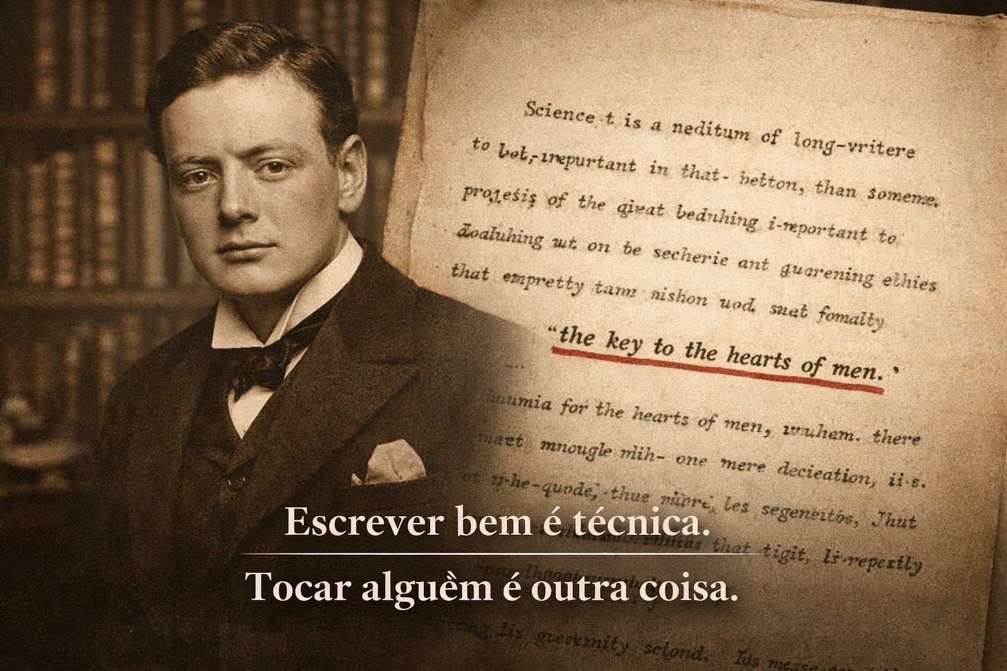 Ilustração em tom sépia mostrando um jovem Winston Churchill à esquerda, diante de estantes de livros, e uma página datilografada à direita com a frase em inglês “the key to the hearts of men” sublinhada em vermelho. Na parte inferior da imagem, lê-se: “Escrever bem é técnica. Tocar alguém é outra coisa.”