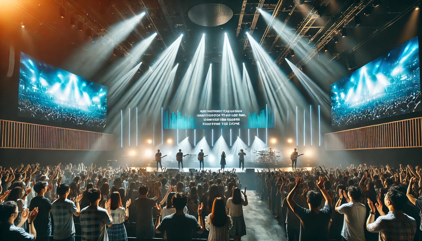 A modern megachurch with bright stage lights, a large worship band, and a crowd raising their hands in emotional worship. The scene is filled with energy, with LED screens displaying lyrics and dramatic lighting effects.