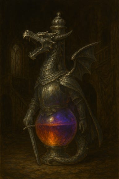 A fantasy image of a decanter shaped like a silver dragon mid-roar. The dragon’s body coils into the base, its wings forming elegant handles, and its open mouth serves as the spout. The surface is polished silver with intricate scale detailing and gemstone eyes. Inside the decanter, a magical liquid pulses with faint light—crimson, amber, and violet—swirling together like living flame. The decanter rests on a velvet-lined pedestal in a dimly lit chamber, with soft candlelight reflecting off its surface. The atmosphere is mystical, regal, and arcane.