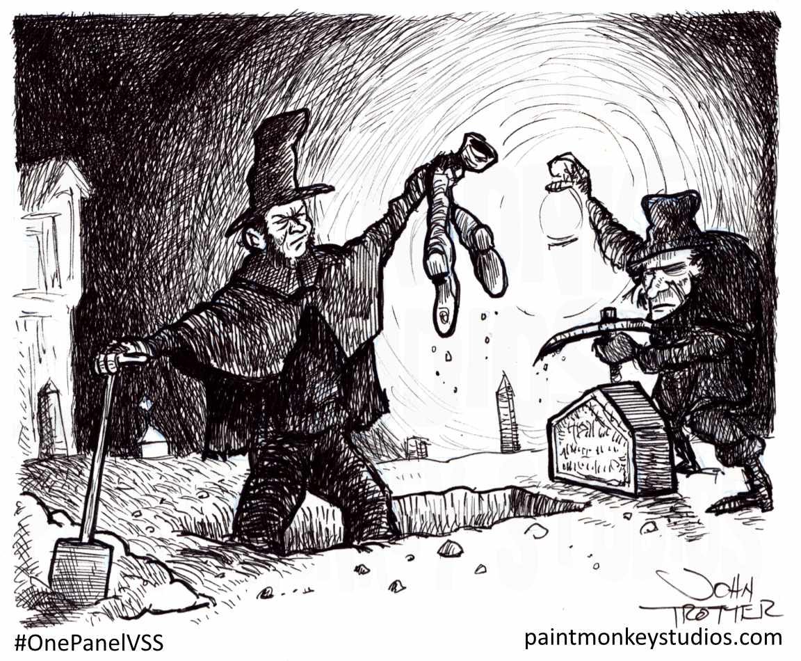 Ink drawing of two men digging up a grave and lifting out a pair of boots.