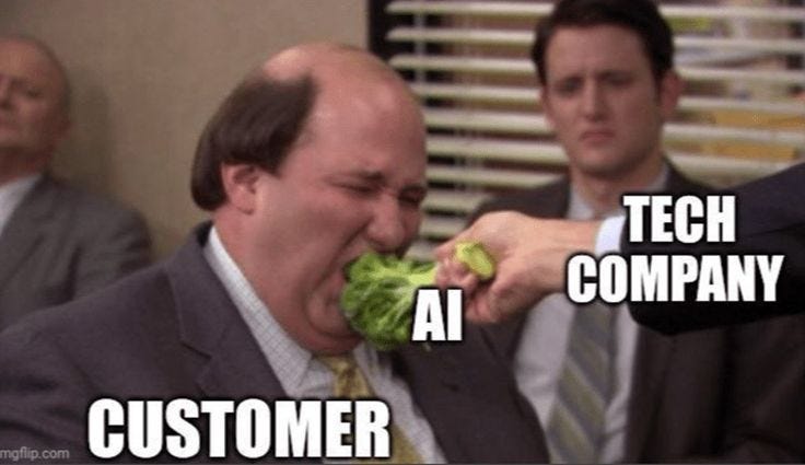 This may contain: two men in suits eating lettuce with the caption tech company al customer