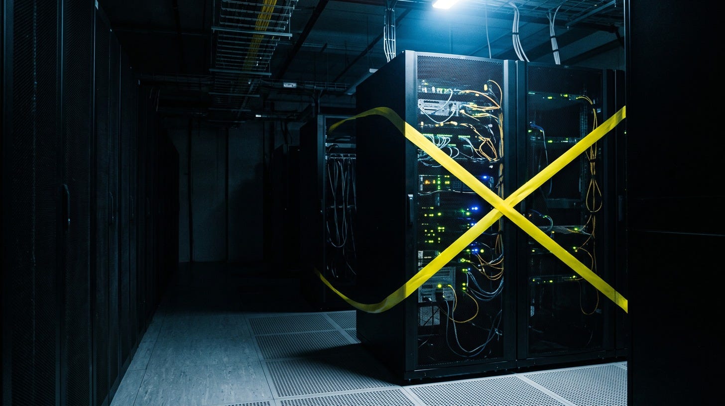 A single server rack in a dark data center aisle, cordoned off with yellow barrier tape in an X. Its status lights are still on.