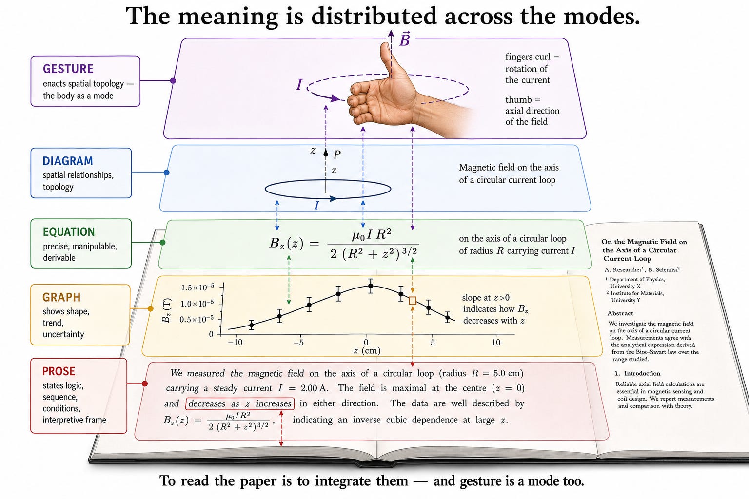 A single open scientific paper shown flat and "exploded" so its modes separate into labeled translucent layers floating above the page. From the bottom up: a prose block tagged "states logic, sequence, conditions, interpretive frame"; a graph panel with a line curve, axes, and error bars tagged "shows shape, trend, uncertainty"; an equation panel tagged "precise, manipulable, derivable"; a diagram panel tagged "spatial relationships, topology". Floating at the very top, partly off the page, a gesture layer drawn as a whole human right hand in the right-hand-rule pose, tagged "enacts spatial topology — the body as a mode". Thin two-way mapping arrows connect the same feature across layers — the slope of the line, the coefficient in the equation, a phrase in the prose.