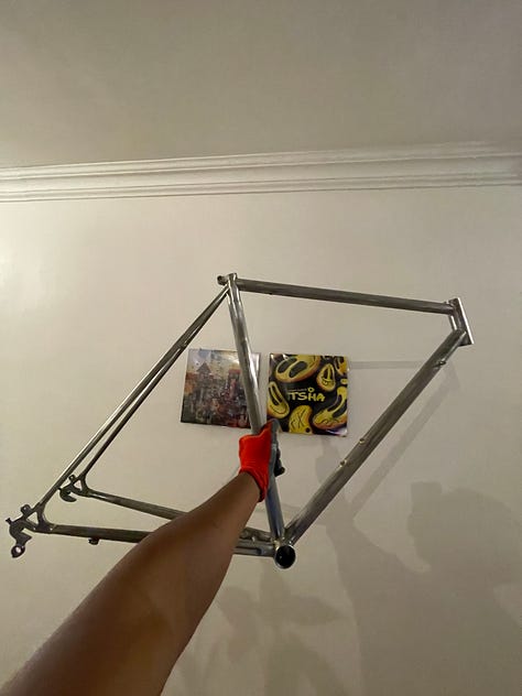 three pictures of a bike frame with the first being just a frame with old paint. the second a stripped frame and the third a frame and fork painted in a lovely turqoise