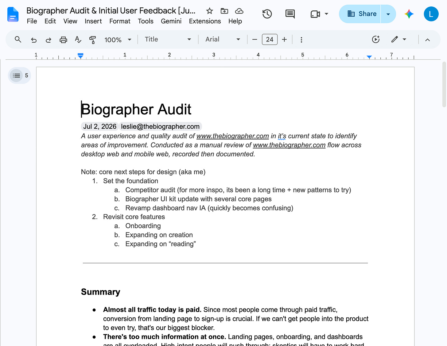 Screenshot of a google doc of the Biographer audit Screenshot of a google doc of the Biographer audit