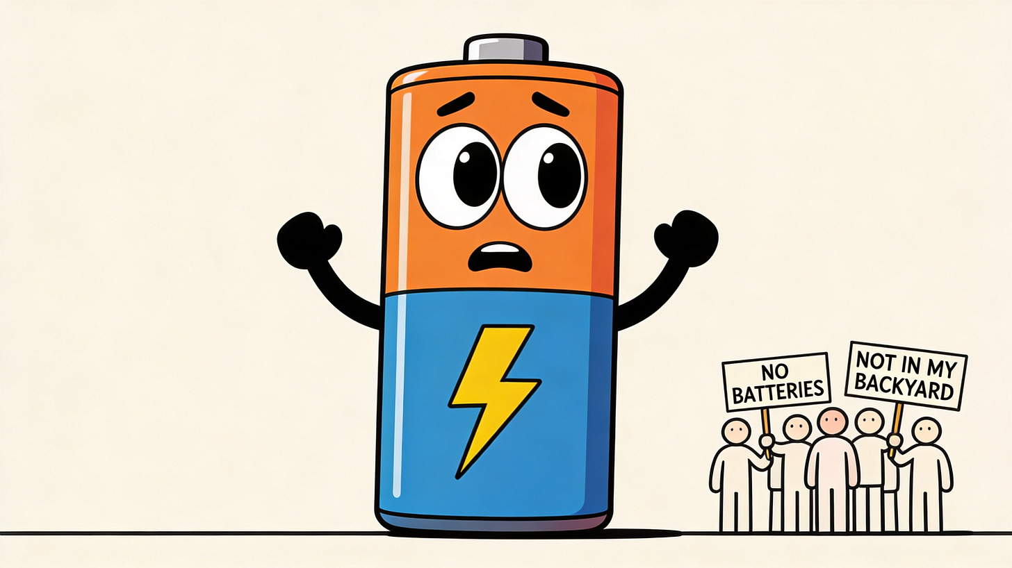 Minimal 16:9 cartoon of a big battery being protested by NIMBY neighbors.