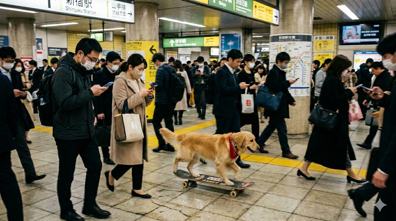 dog on skateboard in tokyo subway
