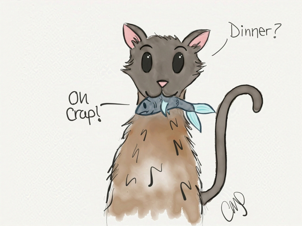 siamese cat holding a fish in his mouth. the fish is saying "oh crap!" while the cat is saying "dinner?"