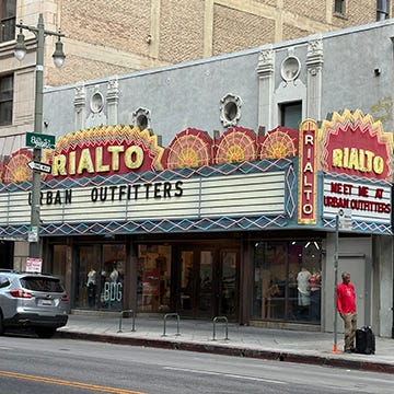 Photos of interiors and exteriors of historic theaters on Broadway in Los Angeles