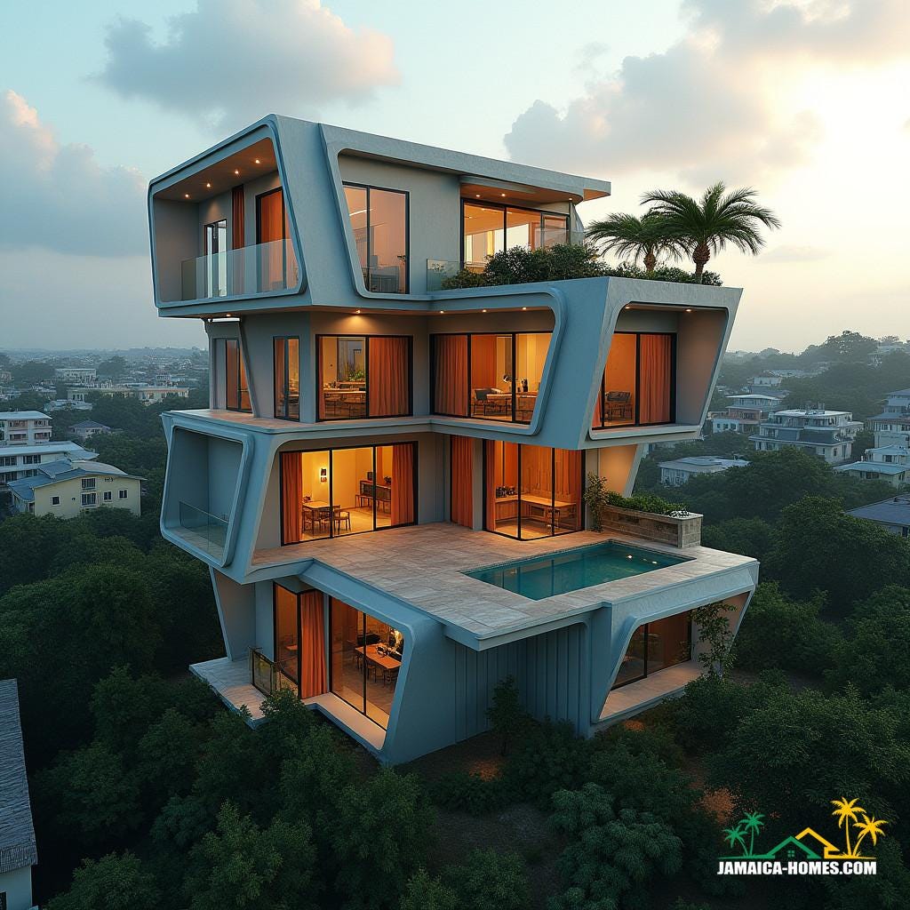 A three-story container home in Kingston, Jamaica, with bold, angular lines and unconventional module stacking, featuring cantilevered sections with glass-walled balconies, a rooftop recreational area with a small pool