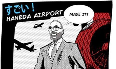Cartoon of James Cleverly arriving in Japan Cartoon of James Cleverly arriving in Japan