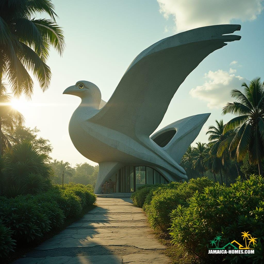  A striking architectural marvel in Jamaica, shaped like a bird, constructed from concrete, brick, and glass. Cinematic film still, shot on V-Raptor XL, with film grain, vignette, color grading, post-processing, cinematic lighting, 35mm film, live-action, best quality, atmospheric, a masterpiece, epic, stunning, dramatic, with the Caribbean sun casting dynamic shadows and highlighting the vibrant colors of the surrounding tropical foliage.