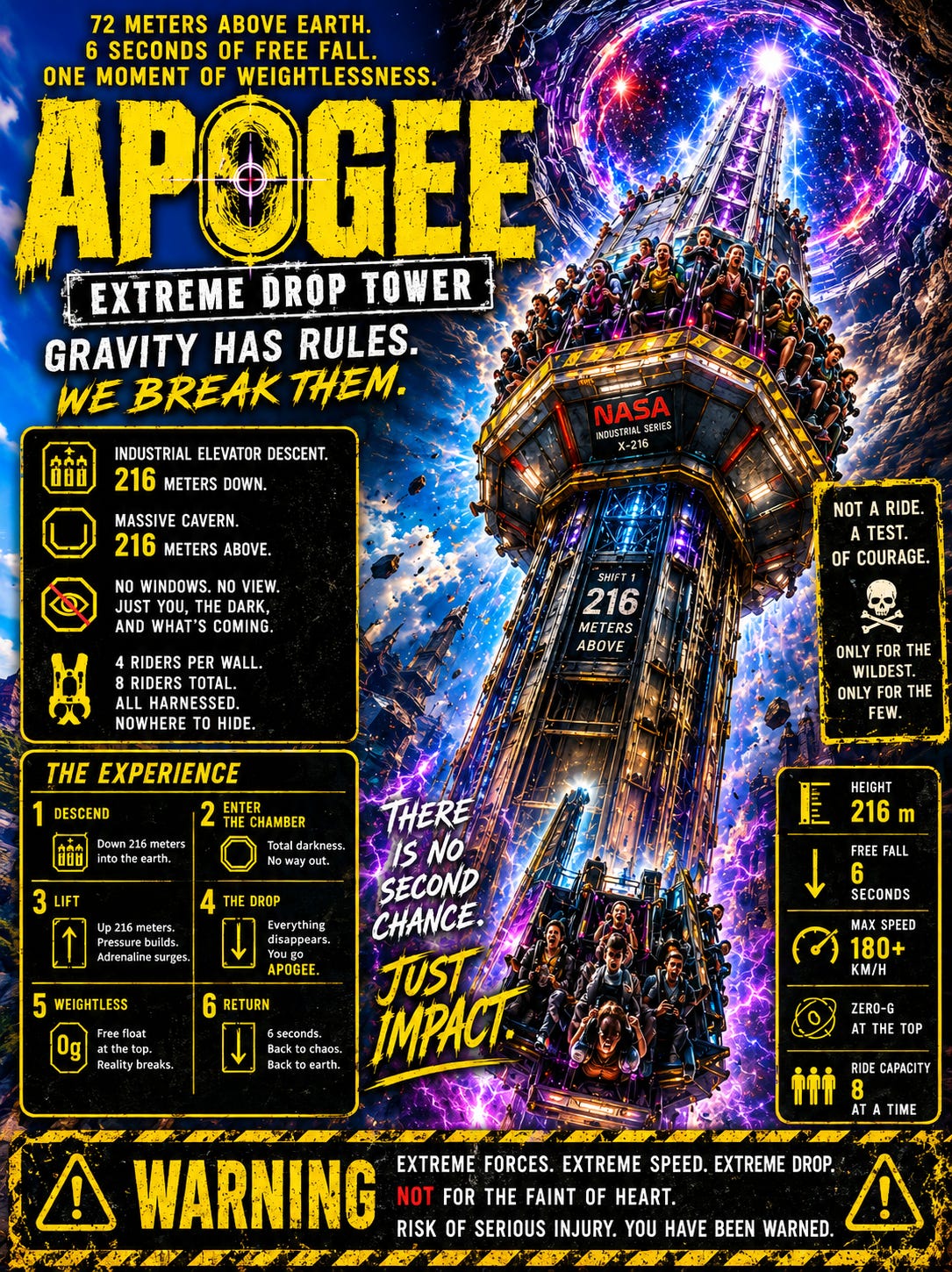 Deliberately over-the-top, AI-slop-style poster for “Apogee,” a fictional extreme drop-tower ride, crammed with screaming riders, impossible machinery, cosmic effects, warning labels, and excessive text. Deliberately over-the-top, AI-slop-style poster for “Apogee,” a fictional extreme drop-tower ride, crammed with screaming riders, impossible machinery, cosmic effects, warning labels, and excessive text.