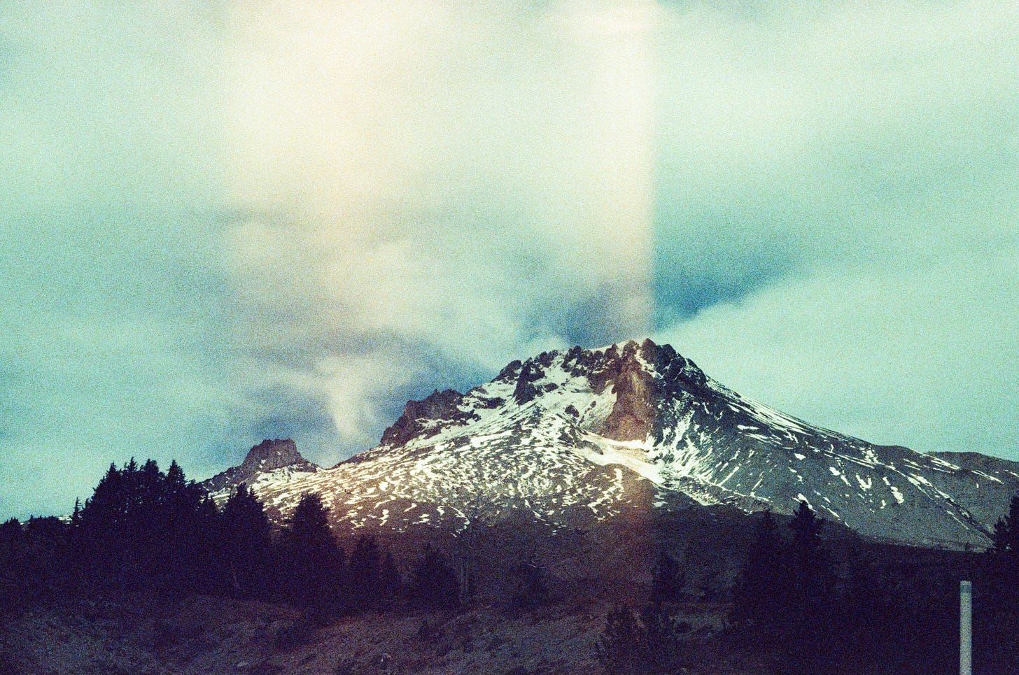 A dark film photograph of Mt. Hood.