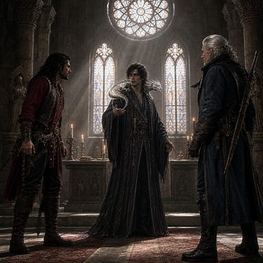 Felonious in St. Andral’s sanctuary between Arturi and Van Richten, using his Ben‑Whishaw‑inspired visual palette with silver spirit‑dragonet Felonious in St. Andral’s sanctuary between Arturi and Van Richten, using his Ben‑Whishaw‑inspired visual palette with silver spirit‑dragonet