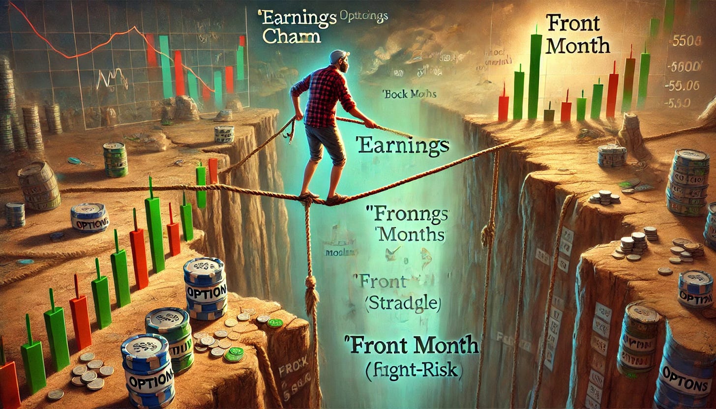 A conceptual illustration of a trader navigating options and investing. The trader is depicted balancing precariously over a deep 'earnings chasm' representing the volatility and uncertainty of earnings season. They are holding ropes connected to 'back months,' which provide support and stability. The ropes in the background symbolize more distant, stable options contracts, while the trader is focused on the 'front month' at the edge of the chasm, reflecting the high-risk straddle strategy. The setting has a metaphorical feel, with stock market charts and numbers subtly integrated into the environment. The trader wears casual retail investor clothing, emphasizing a personal, small-scale investor experience.