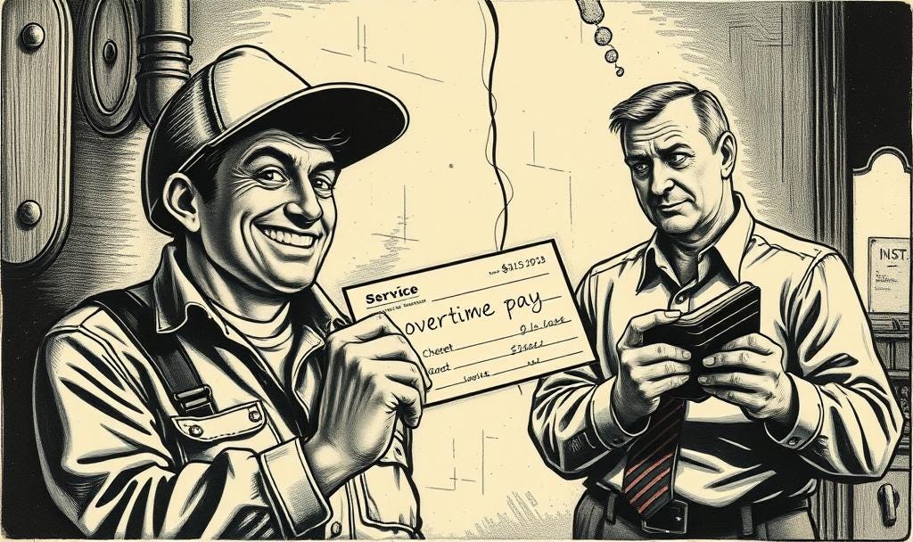 An exhausted service technician smiling while holding a paycheck labeled overtime pay