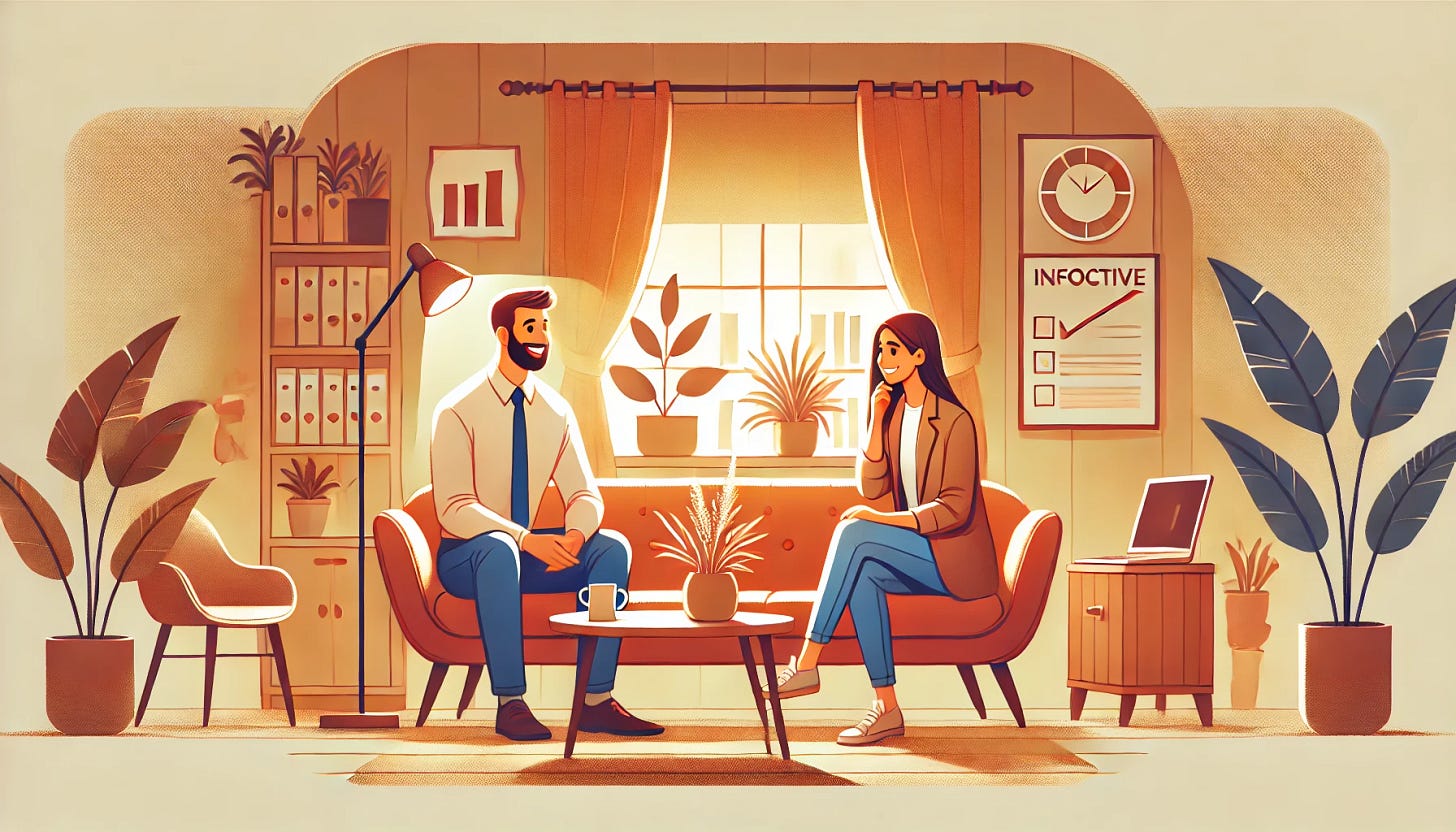 a manager and their direct report sit down to enjoy a conversation