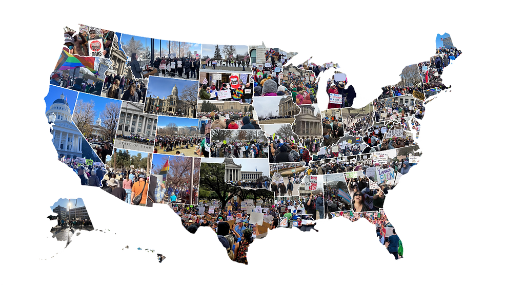 Collage of protest photos arranged in the shape of the United States, featuring crowds, signs, and state capitol buildings from all 50 states. The image represents nationwide participation in the 50501 Movement’s decentralized actions and the upcoming No Kings Day protests on February 5th Collage of protest photos arranged in the shape of the United States, featuring crowds, signs, and state capitol buildings from all 50 states. The image represents nationwide participation in the 50501 Movement’s decentralized actions and the upcoming No Kings Day protests on February 5th