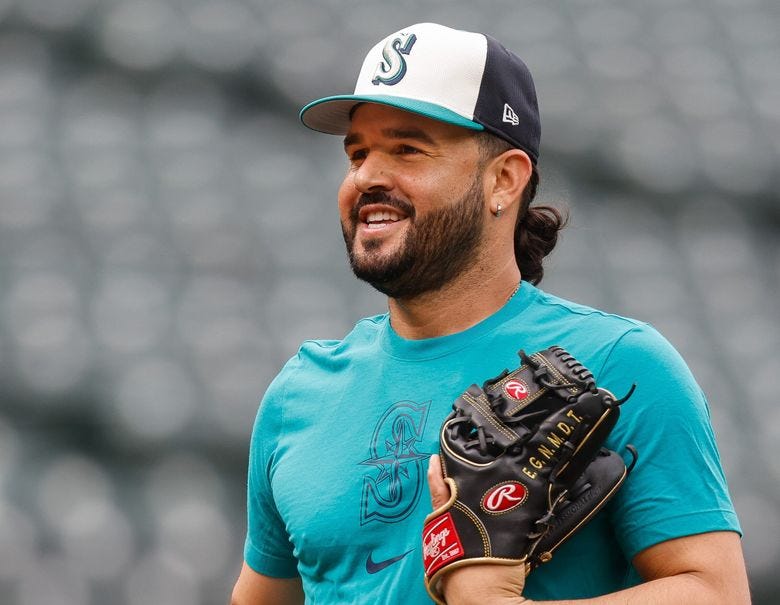 Seattle Mariners third baseman Eugenio Suárez gets ready to face the Texas Rangers, Thursday, July 31, 2025, in Seattle. (Dean Rutz / The Seattle Times)