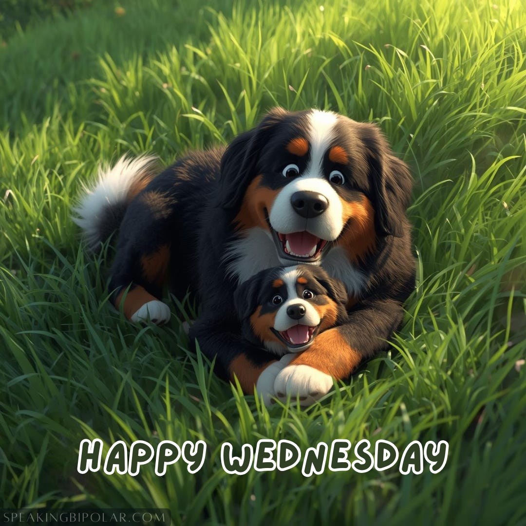 Illustration of a happy cartoon Bernese Mountain Dog mother and puppy on a grassy hillside