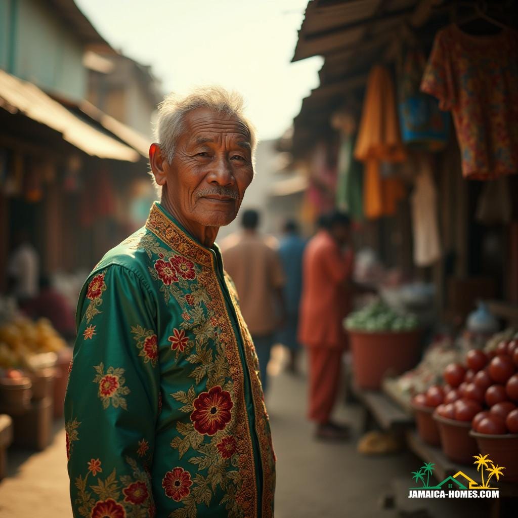 A Chinese Jamaican elder, dressed in traditional attire with intricate embroidery, stands proudly in the midst of a bustling Kingston market, surrounded by vibrant colors and textures of Jamaican culture, as warm, golden light casts a nostalgic glow, reminiscent of a bygone era, captured in a cinematic film still, shot on v-raptor XL, with noticeable film grain, subtle vignette, and meticulous color grading, evoking the aesthetic of 35mm film, with dramatic, atmospheric lighting, and an epic, stunning quality, inspired by the works of Wong Kar-wai, Ava DuVernay, and Hou Hsiao-hsien.