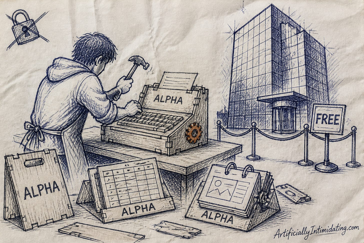 An engineer hammers together a wooden word processor, a cardboard spreadsheet and a flip-card slide deck from flat-pack crates stamped ALPHA, while a glass office tower sits behind a velvet rope beside a FREE sign.