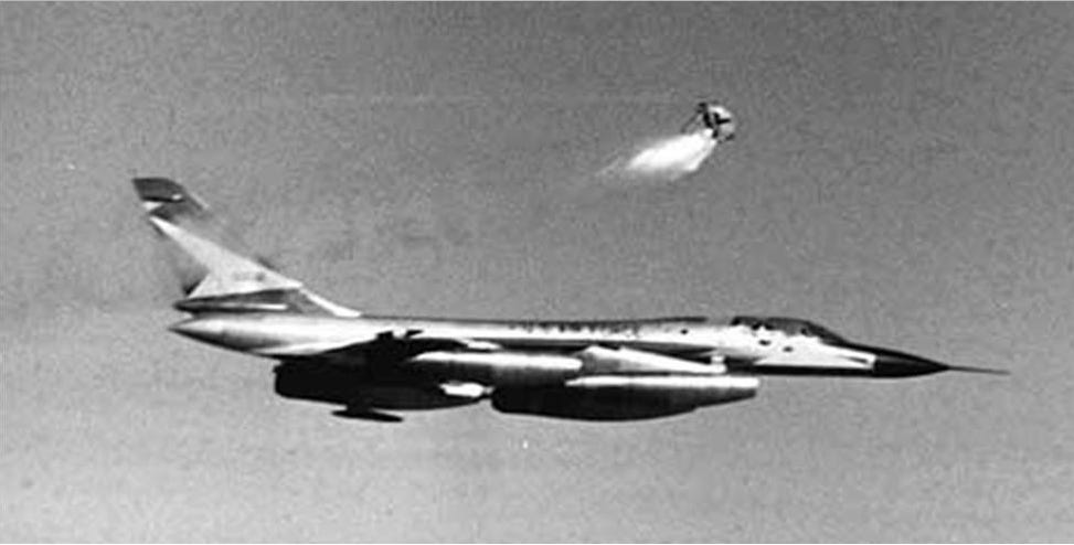 An escape capsule is launched from teh Defensive Systems Officer position of a Convair B-58 Hustler. (U.S. air Force) An escape capsule is launched from teh Defensive Systems Officer position of a Convair B-58 Hustler. (U.S. air Force)