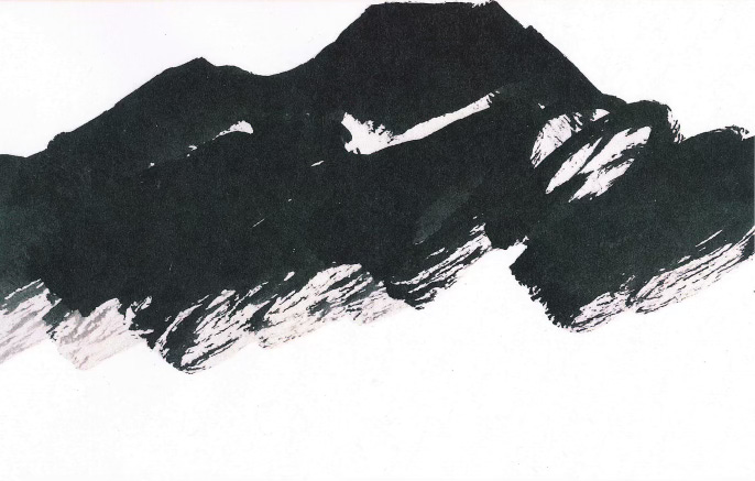 A black and white brushed ink drawing depicting the distinctive triangular shape of Mount Tamalpais. Brushstrokes render the upper outline of the mountain clearly in silhouette while wilder, dryer brush marks expressively suggest scrubs and trees on the mountain’s slopes. There is a sense of great energy in the brushwork.The image is an illustration from Etel Adnan’s book Journey to Mount Tamalpais. A black and white brushed ink drawing depicting the distinctive triangular shape of Mount Tamalpais. Brushstrokes render the upper outline of the mountain clearly in silhouette while wilder, dryer brush marks expressively suggest scrubs and trees on the mountain’s slopes. There is a sense of great energy in the brushwork.The image is an illustration from Etel Adnan’s book Journey to Mount Tamalpais.