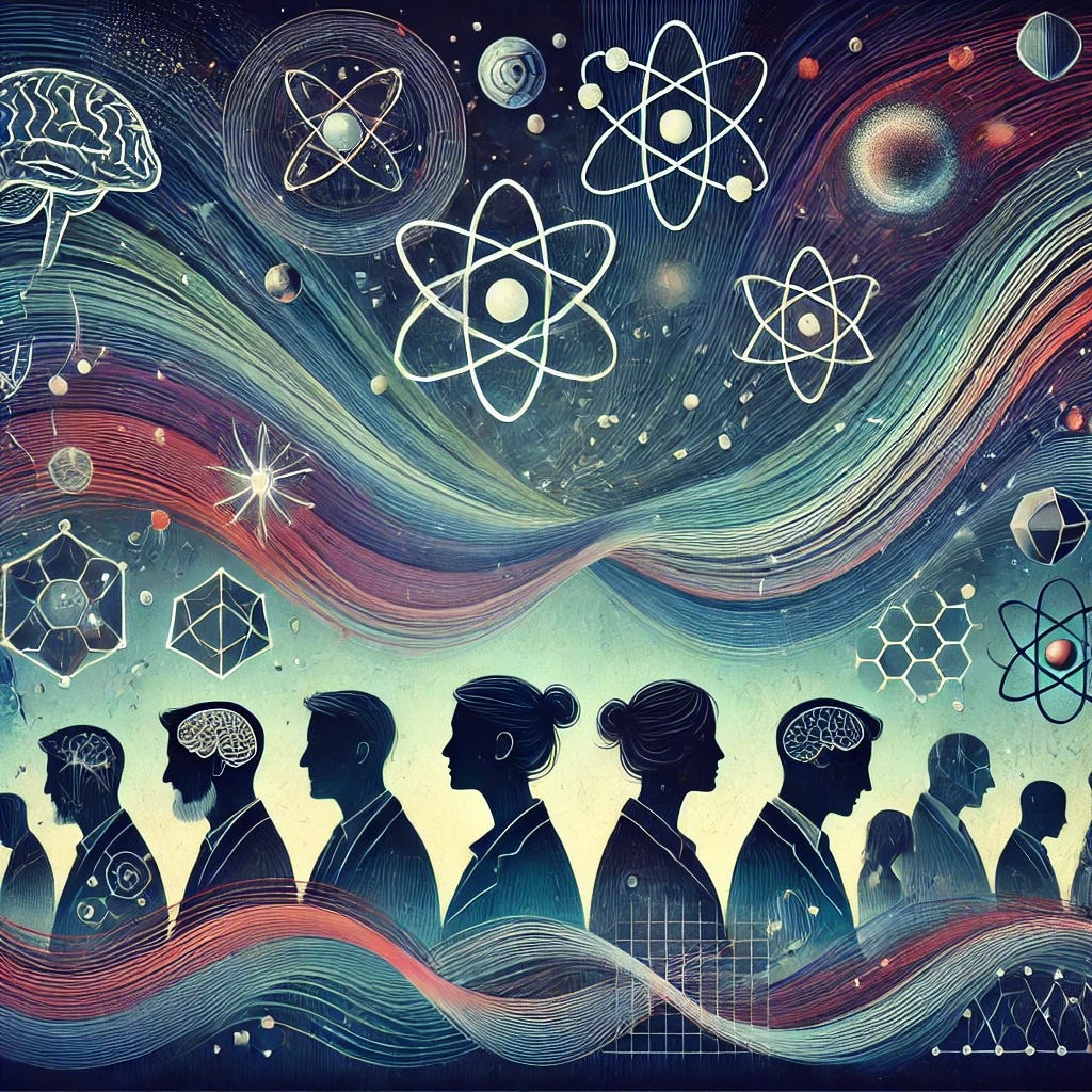 An inspiring and modern illustration representing interdisciplinary collaboration in the Theory of Magnetivity. Show silhouettes of diverse scientists and researchers (physicists, neuroscientists, AI experts, cosmologists) connected by flowing magnetic field lines, symbolizing collaboration. Include abstract representations of different fields, such as brainwaves for neuroscience, particles for quantum physics, and galaxies for cosmology. Use deep, harmonious colors like blues, greens, and purples to create a sense of unity and intellectual curiosity. The style should feel visionary and inclusive, inviting viewers to see the power of collaboration in scientific discovery. An inspiring and modern illustration representing interdisciplinary collaboration in the Theory of Magnetivity. Show silhouettes of diverse scientists and researchers (physicists, neuroscientists, AI experts, cosmologists) connected by flowing magnetic field lines, symbolizing collaboration. Include abstract representations of different fields, such as brainwaves for neuroscience, particles for quantum physics, and galaxies for cosmology. Use deep, harmonious colors like blues, greens, and purples to create a sense of unity and intellectual curiosity. The style should feel visionary and inclusive, inviting viewers to see the power of collaboration in scientific discovery.