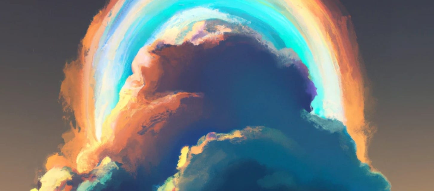 A painted image of clouds in a rainbow portal