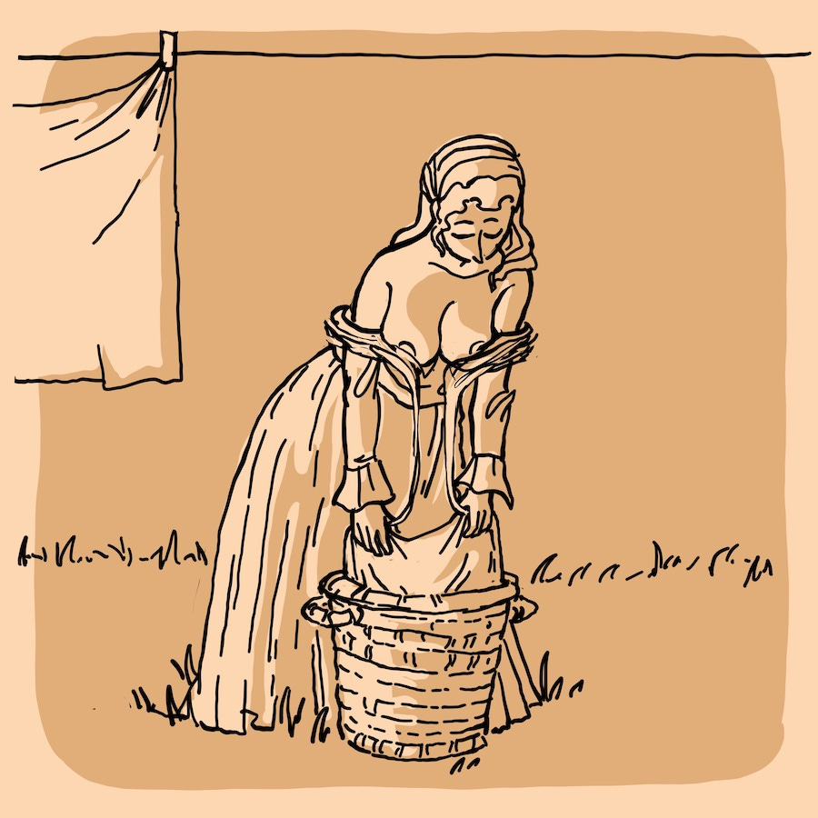 Detailed sketch of a woman pinning a white sheet to an outdoor clothesline, accidentally catching her dress collar in the peg. Detailed sketch of a woman pinning a white sheet to an outdoor clothesline, accidentally catching her dress collar in the peg.