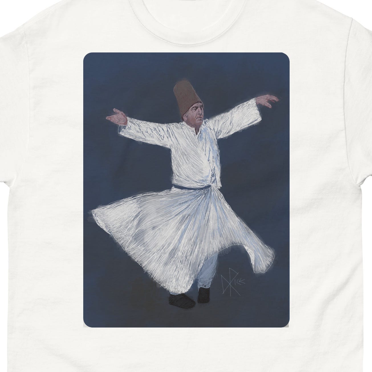 Dancing dervish, arms out and feet at angles as he spins in place, robe hem waving with centrifugal energy. Sketch art by Don Rice. Dancing dervish, arms out and feet at angles as he spins in place, robe hem waving with centrifugal energy. Sketch art by Don Rice.