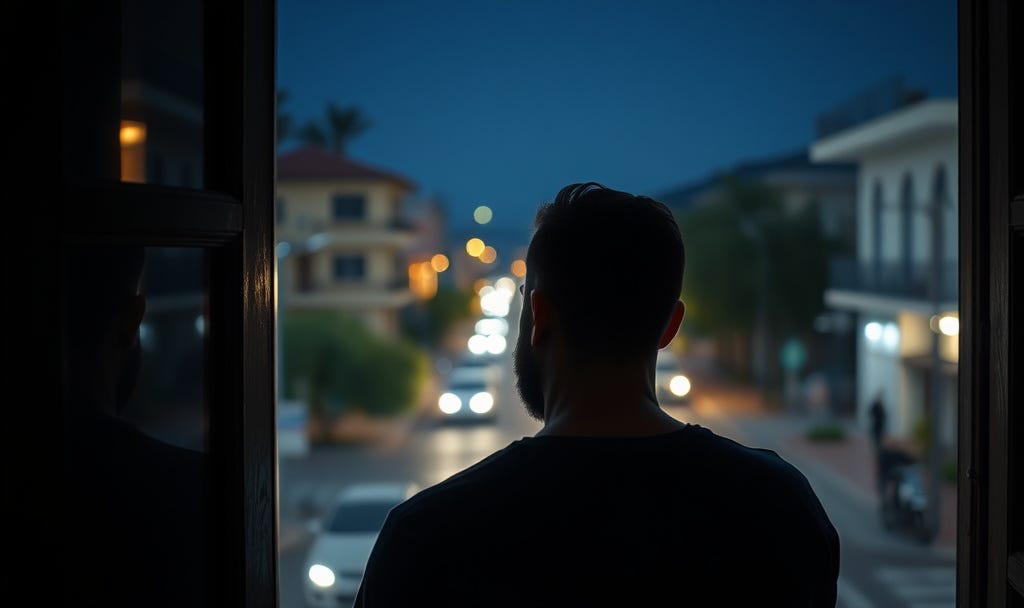 Back of a bearded man standing inside, in front of a second story window, looking down at the street at night. Autism ADHD Burnout Recovery Mark Durgee Back of a bearded man standing inside, in front of a second story window, looking down at the street at night. Autism ADHD Burnout Recovery Mark Durgee