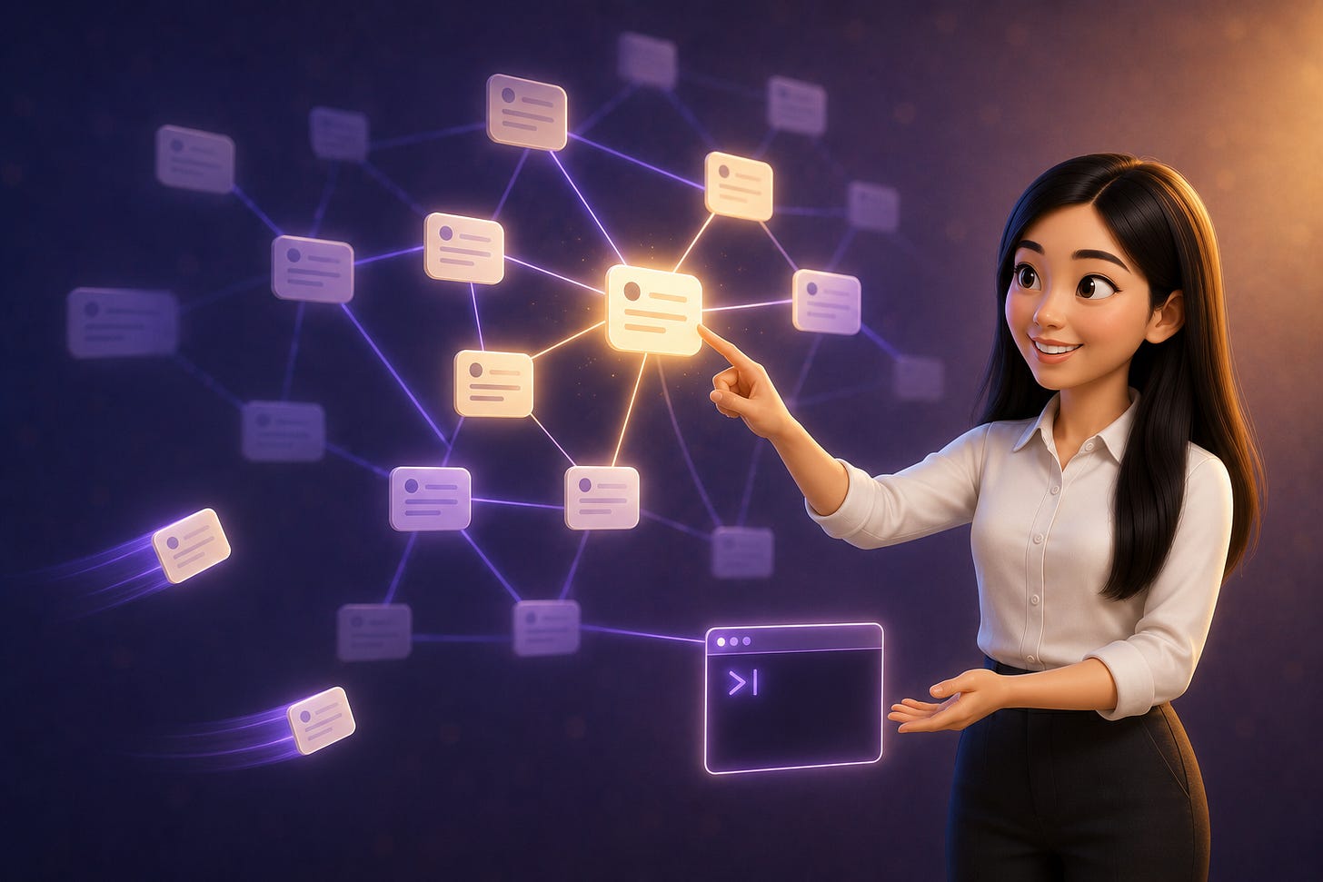 Pixar-style 3D illustration of Jenny Ouyang from Build to Launch touching one glowing note-card in a floating web of connected note-cards, its linked cluster lighting up while a terminal threads into the web, representing a connected Obsidian + Claude second brain where landing on one idea surfaces everything tied to it.