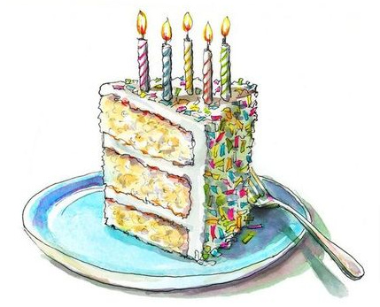 ilustração de uma fatia de bolo de aniversário com confeitos e velas coloridos