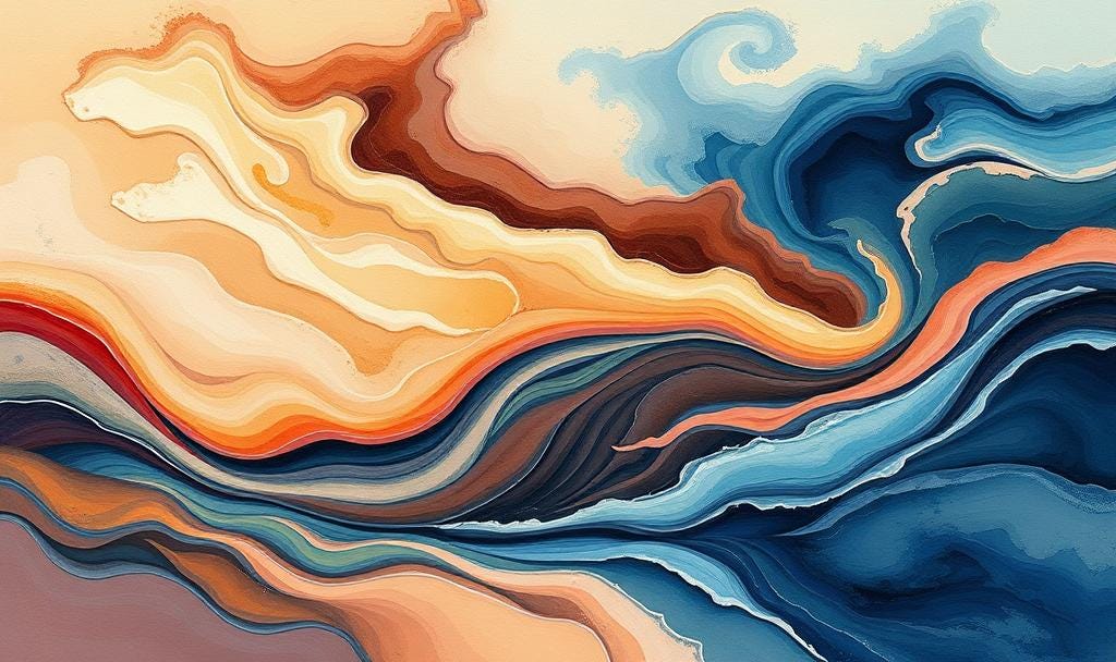 Painterly abstract illustration showing flowing rivers of different colors and textures representing various mental states, some smooth and harmonious, others turbulent or stagnant, with swirling brushstrokes in warm and cool tones, impressionistic style
