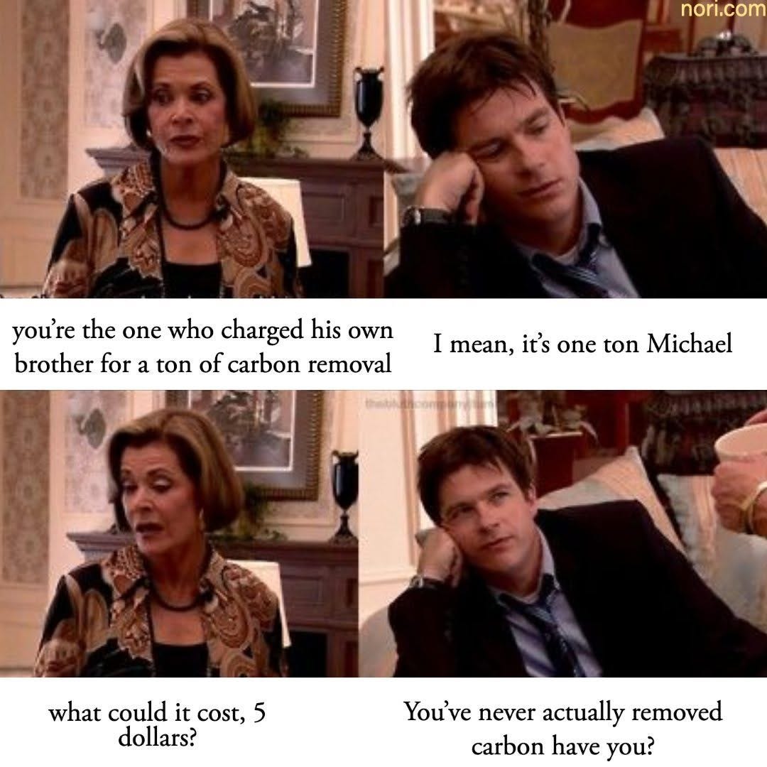 Four Arrested Development stills of Lucille and Michael Bluth. "You're the one who charged his own brother for a tonne of carbon removal." "I mean, it's one tonne Michael." "What could it cost, 5 dollars?" "You've never actually removed carbon have you?"