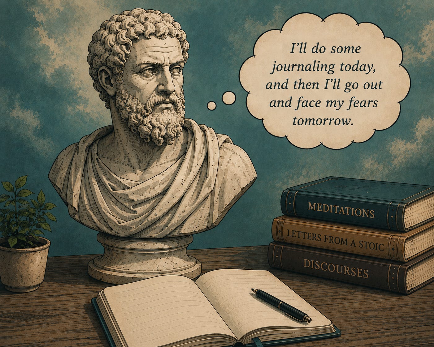 A classical marble bust sits on a wooden desk beside an open, blank journal, pen, books, and a small plant. A thought bubble shows the statue planning to journal today and face his fears tomorrow.