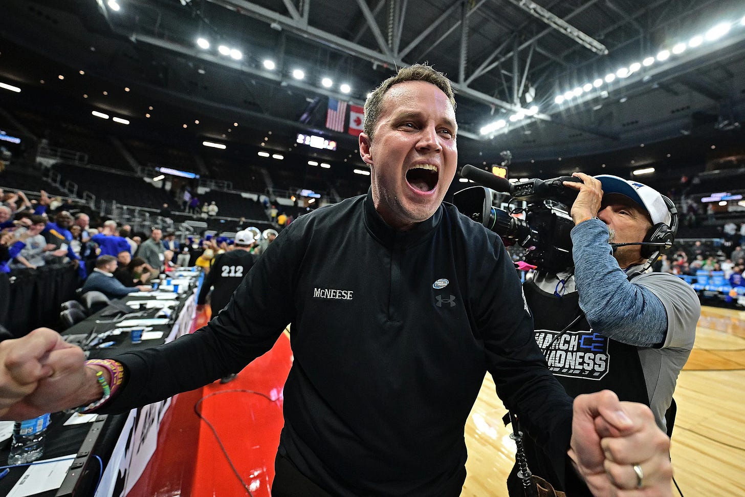 PROVIDENCE, RHODE ISLAND - MARCH 20: Will Wade, head coach of the McNeese Cowboys, celebrates his team's win over the Clemson University Tigers during the first round of the 2025 NCAA Men's Basketball Tournament held at Amica Mutual Pavillion on March 20, 2025 in Providence, Rhode Island. (Photo by Ben Solomon/NCAA Photos via Getty Images)
