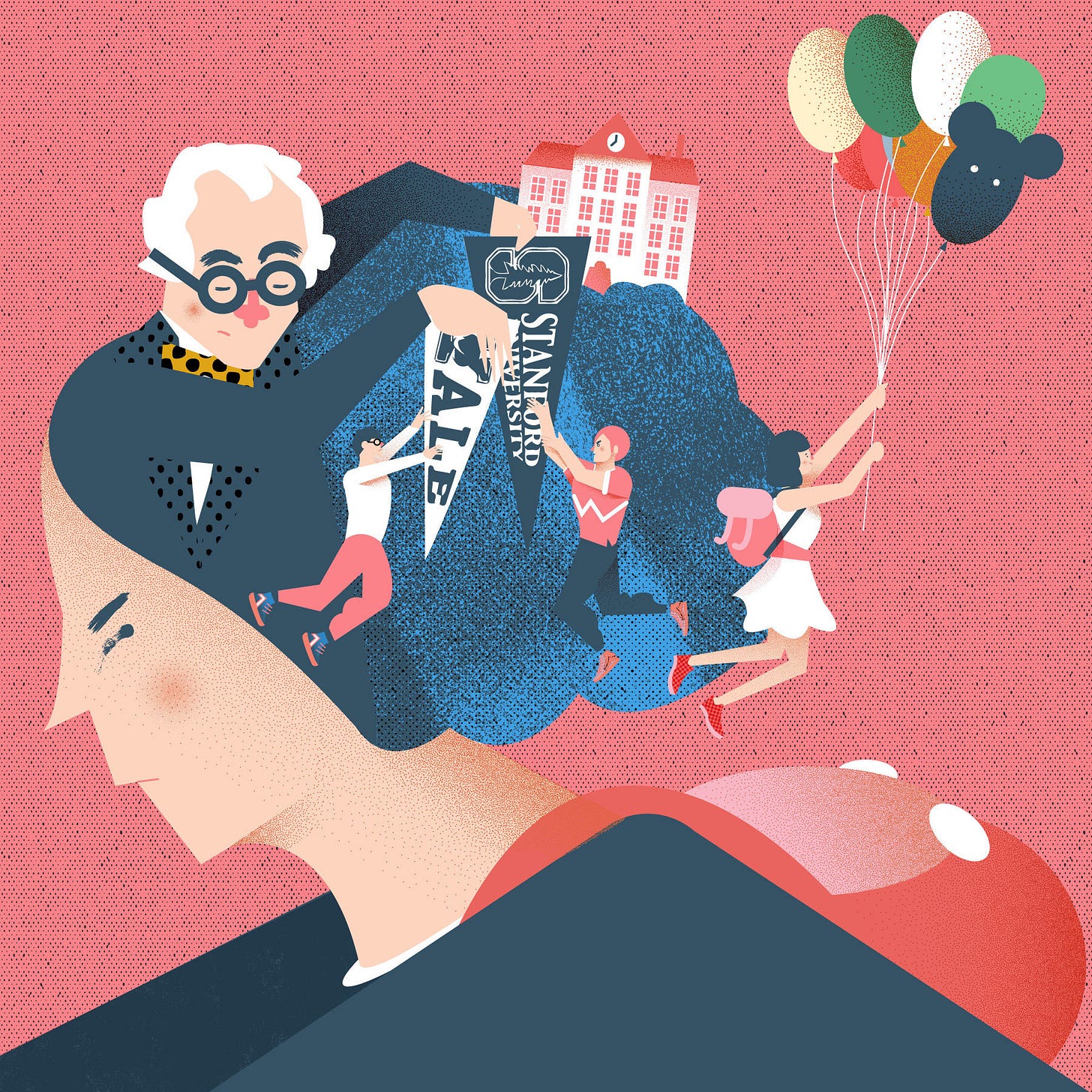 An illustration of a head bursting with people and colleges and various sources of stress.