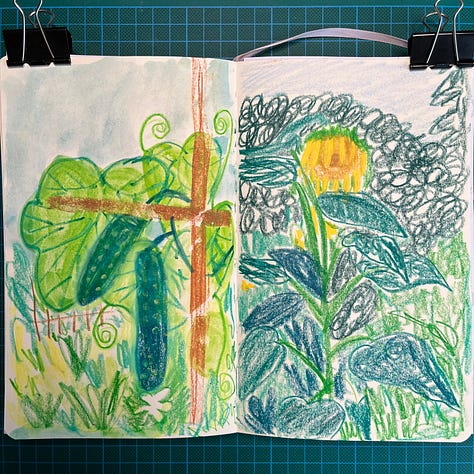 Photos des 5 dessins de légumes dans le jardin (cornichons, aubergines, tomates, poivrons).