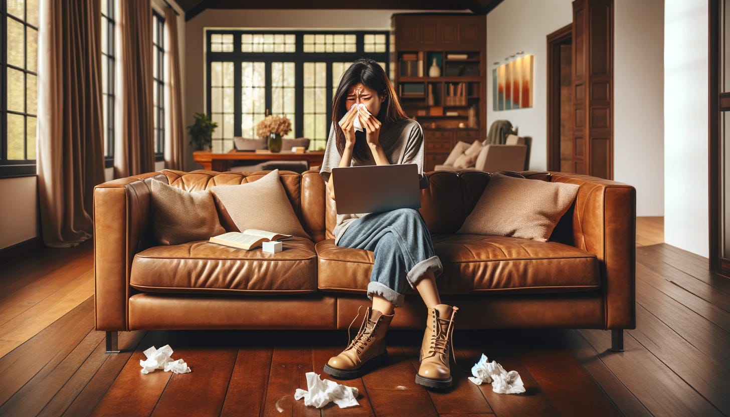 A young Asian woman in her early 20s is sitting on a large brown leather couch in a spacious living room, holding a tissue to her nose as if she is sneezing or crying. Her expression is one of discomfort. She's wearing casual home attire. On the floor next to her, there's a pair of well-worn boots, suggesting she has either just come in or is about to leave. An open laptop sits within arm's reach on the couch, with a few crumpled tissues scattered around. The room is warmly lit, giving a cozy, lived-in feel. There are large windows showing a view of the outside, with curtains partially drawn, and the walls are adorned with a few pieces of abstract art.
