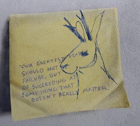 Three images. 1. A deer skull with thousands of small beads glued to it, creating an illustration of green hills, blue sky with white clouds, and numerous red wildflowers known as paintbrush. 2. A trompe l'oeil mural of a yellow post-it note with a jackalope (jackrabbit with antelope horns) and text that reads "Our greatest fear should not be failure, but of succeeding at something that doesn't really matter." 3. Child's sketches of a bird, a dandelion, and other nature observations.