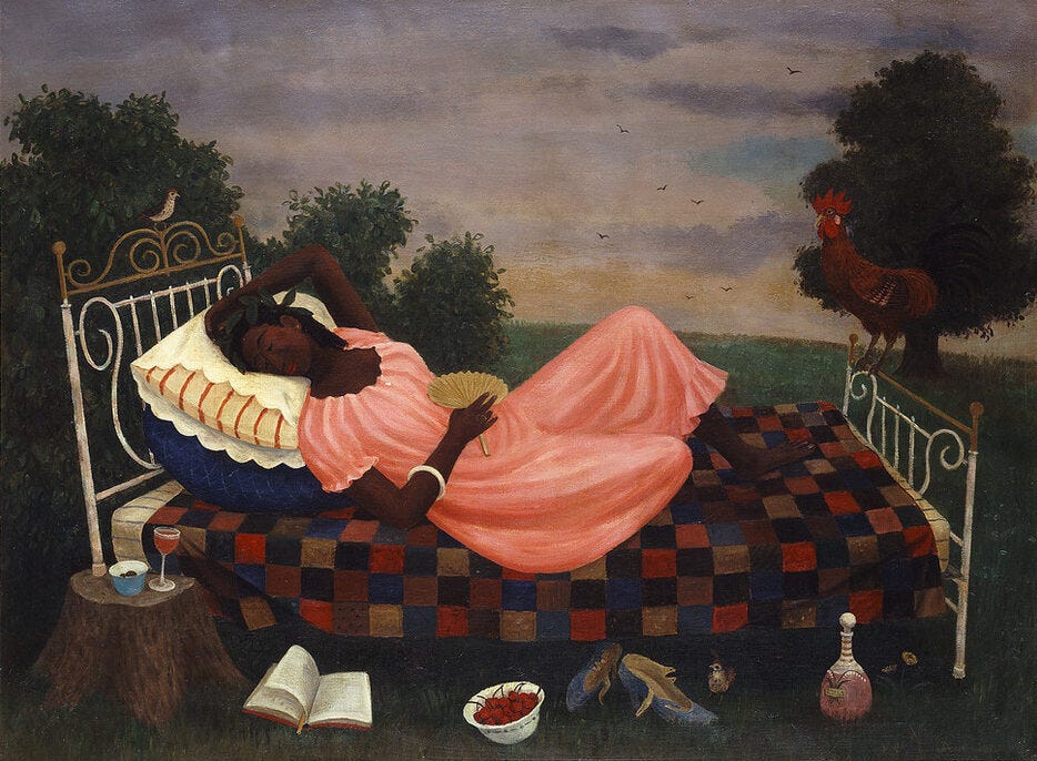 Outdoors, a dark-skinned woman in a peach dress reclines on a bed, a bird perches on the headboard and a rooster on the footboard. In the foreground, a wine glass and bowl sit on a tree stump, and an open book, bowl of cherries, pair of shoes and a wine bottle sit on the grass. Outdoors, a dark-skinned woman in a peach dress reclines on a bed, a bird perches on the headboard and a rooster on the footboard. In the foreground, a wine glass and bowl sit on a tree stump, and an open book, bowl of cherries, pair of shoes and a wine bottle sit on the grass.