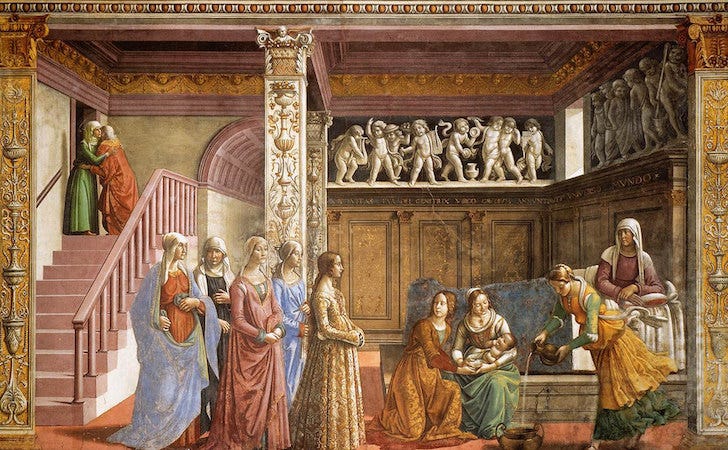 Domenico Ghirlandaio, Birth of the Virgin,fresco, 24 feet 4 inches x 14 feet 9 inches, c. 1485-90 (Cappella Maggiore,Santa Maria Novella, Florence)
Domenico Ghirlandaio, Birth of the Virgin,fresco, 24 feet 4 inches x 14 feet 9 inches, c. 1485-90 (Cappella Maggiore,Santa Maria Novella, Florence)