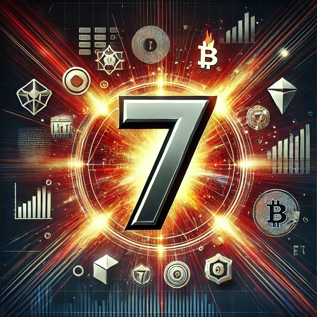 A dynamic, high-energy image featuring a large, bold number 7 at the center with an explosive glowing background. Surrounding the number 7 are various financial and technological icons, symbolizing innovation, finance, and digital assets. The image has a futuristic and sleek aesthetic with a dark background for contrast. No text included.